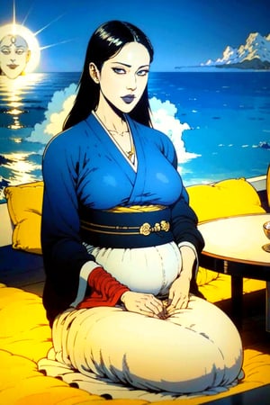 woman\(unohana retsu, mature body, perfect body, black hair, blue eye color, jewelery, bridal gauntlets, rings, amulets, eyelashes, large breasts, large cleavage, pregnant, wearing yukata, sandal, feminine, beautiful, mistress\) The scene should convey a seductive and arrogant smug expression on her face, with an air of arrogance as she maintains eye contact with the viewer, (full body), sitting, background(outdoor, restaurant, ocean, pillows, sky, day, sun, table(sake), pots with flowers),(masterpiece, highres, high quality:1.2), ambient occlusion, low saturation, High detailed, Detailedface