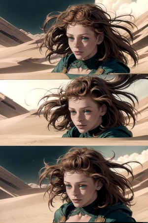 woman\(long afro red hair, green eyes, beautiful, athletic body, large cleavage, wearing white dr ess, freckles, smile\) walking arround in dune city, background(dune style world, day),(masterpiece, highres, high quality:1.2), ambient occlusion, low saturation, High detailed, comic page different views