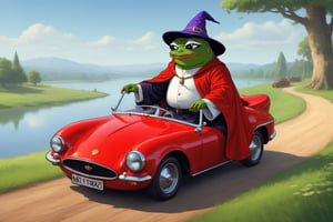 Pepe(frog, old, wearing wizard robe, long white beard, wizard, smug), riding a  magical classic car that is flying in the air, background(rural, lakeside, forest, day),(masterpiece, highres, high quality:1.2), ambient occlusion, low saturation, High detailed, Detailedface, (shot from distance),Wojak, 2d