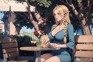 Marcile(slim body, long blonde hair, elf, green eyes, eyelashes, large cleavage, wearing nice dress, sandal, feminine, beautiful), sitting at outdoor cafe, staring at you cutely, background(outdoor cafe, day, sun, ocean, birds), (Shot from distance),(masterpiece, highres, high quality:1.2), ambient occlusion, low saturation, High detailed, Detailedface, Dreamscape,perfect