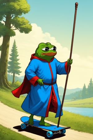 score_9, score_8_up, score_7_up, Pepe(frog, old, wearing wizard robe, long white beard, wizard, holding long staff), on a skateboard, background(rural road, lakeside, forest, day),(masterpiece, highres, high quality:1.2), ambient occlusion, low saturation, High detailed, Detailedface, (shot from distance), score_6_up,Retro art,Wojak,retro style