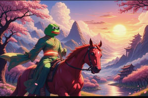 An anime-style scene featuring Pepe the Frog as a calm, stoic warrior in a Xianxia world inspired by ancient China. Pepe is dressed in flowing, intricately designed Xianxia robes with layers of ethereal silk and glowing accents that evoke a sense of mystical power. He rides a majestic red horse, which walks gracefully through a serene landscape. The sky is painted with warm hues of orange and pink as the sun sets behind towering, mist-covered mountains. Delicate petals from blossoming trees float through the air, adding a tranquil and magical atmosphere. Pepe sits upright on his horse in a meditative posture, his expression calm and introspective as he gazes toward the horizon. The background is filled with fantastical Chinese architecture, including towering pagodas and ancient temples, with a flowing river cutting through the valley. The mood is one of quiet reflection, set against the backdrop of a mystical Xianxia world where magic and martial arts intertwine.