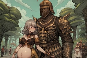 score_9, score_8, score_7, score_7_up, score_8_up, 1boy\(human, giant, tall, wearing madness Armor and (madness helmet)\) walking and holding hand of 1girl\(stelle \(honkai: star rail\), short, smiling, pregnant, jewellery, gold, wearing dress, pouty lips, seductive, blushing\), both staring at each other, day, city, multiple magical butterflies, outdoor, mushroom trees, romance, fantasy, hetero, anime, 2d