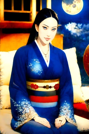 woman\(unohana retsu, mature body, perfect body, black hair, blue eye color, jewelery, bridal gauntlets, rings, amulets, eyelashes, large breasts, large cleavage, wearing yukata, sandal, feminine, beautiful, mistress\) The scene should convey a seductive and arrogant smug expression on her face, with an air of arrogance as she maintains eye contact with the viewer, (full body), sitting, background(luxurious japanese balcony, pillows, sky, night, moon, table(sake), pots with flowers),(masterpiece, highres, high quality:1.2), ambient occlusion, low saturation, High detailed, Detailedface