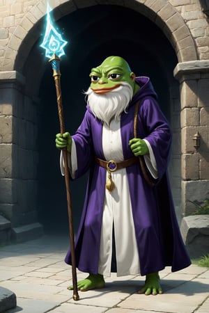 Pepe(frog, old, wearing wizard robe, long white beard, wizard, holding long staff), walking, background(Dungeon),(masterpiece, highres, high quality:1.2), ambient occlusion, low saturation, High detailed, Detailedface, (shot from distance)