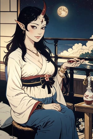 woman\(slim body, long black hair, red eye color, jewelery, bridal gauntlets, rings, amulets, eyelashes, large cleavage, wearing yukata, pregnant, sandal, feminine, beautiful, mistress, succubus, oni horns, demon elf)\ The scene should convey a seductive and arrogant smug expression on her face, with an air of arrogance as she maintains eye contact with the viewer, (full body), sitting, background(luxurious japanese balcony, pillows, sky, night, moon, table(sake), pots with flowers),(masterpiece, highres, high quality:1.2), ambient occlusion, low saturation, High detailed, Detailedface