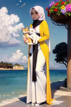 Woman(slim body, young, yellow eyes, arab, morrocan, eyelashes, hijab, Wearing a white headscarf and veill,Gorgeous abaya,arabian pants Arabian, feminine, beautiful, holding a white cat), full body, looking at viewer with cute expression, standing, (shot from distance), background(mosques, day, outdoor, sky, sun, tree, ocean, flowers, birds, cats), (masterpiece, highres, high quality:1.2), low saturation,High detailed,soft shading