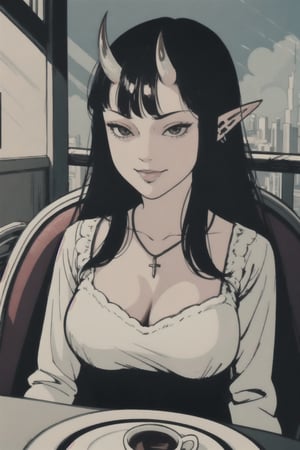 pov across table, looking at viewer, sitting, solo, cup of coffee, table, plate, drinking glass, fork, depth of field, holding, food, spoon, glass, ice cube, head rest, woman\(slim body, young, Oni horns, demon elf ears, long black hair, red eyes, jewelery, bridal gauntlets, rings, amulets, eyelashes, large cleavage, wearing full harem dress, sandal, feminine, beautiful, mistress\), The scene should convey a seductive and smug smile expression on her face, with an air of arrogance as she maintains eye contact with the viewer, blurry background(luxurious arabian balcony, outdoor, sky, day, Dubai city, pillows),(masterpiece, highres, high quality:1.2), ambient occlusion, low saturation, High detailed, Detailedface, break CONCEPT_pov_dating_ownwaifu,www.ownwaifu.com