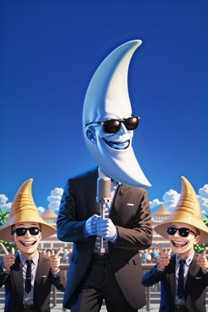 score_9, score_8, score_7, score_7_up, score_8_up, 1boy\(human, moonman head, sunglasses, wearing business suit, smile, open mouth\), outdoor, fantasy, 2d, anime,IncrsNeverGonnaGiveUUp, microphone stand, (fast food background, people happy)