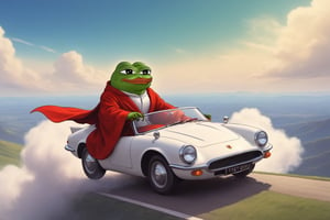 Pepe(frog, old, wearing wizard robe, long white beard, wizard, smug), riding a  magical classic car that is flying in the sky, background(sky, day),(masterpiece, highres, high quality:1.2), ambient occlusion, low saturation, High detailed, Detailedface, (shot from distance),Wojak, 2d