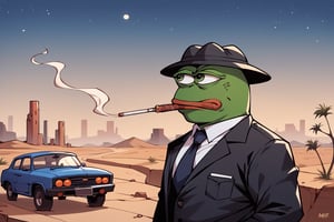 score_9, score_8, score_7, score_7_up, score_8_up, pepe the frog wearing black business suit, cowbot hat, smoking a cigar, holding light machine gun, upper body, mojave desert, classic car in background, apocalyptic, exterior, night,0ut3rsp4c3
