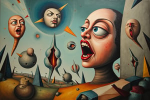 A surreal, geometric oil painting in the style of Salvador Dalí, combining surrealism with abstract geometric shapes. The painting features a chaotic, otherworldly environment where multiple eyes and mouths float and merge with the surrounding geometric forms. These disembodied eyes and mouths are partially integrated into an abstract, geometric landscape where triangular rectangles, swirling shapes, and fragmented forms collide and overlap in impossible configurations. 

The eyes vary in size and color, some open wide with intense gazes, while others appear half-closed or staring vacantly into the distance. The mouths are similarly diverse, with some frozen in silent screams, others smiling or grimacing in distorted ways. 

The background is a blend of swirling, vibrant geometric forms—sharp-edged triangles and rectangles—interspersed with organic, flowing shapes that seem to melt and warp like Dalí’s iconic clocks. The perspective of the scene is intentionally distorted, with parts of the eyes and mouths stretching into angular, colorful patterns that blend into the geometric environment.

The overall atmosphere is surreal and unsettling, with a dreamlike quality that combines the organic elements of the human face with stark, abstract geometry. The colors are vivid and bold, contrasting the lifelike rendering of the eyes and mouths with the more abstract, avant-garde surroundings.

The painting is an exploration of perception and the boundaries between the organic and the abstract, capturing the viewer's attention with its bizarre, mesmerizing composition.