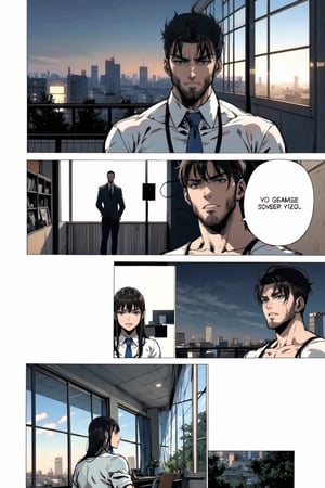 gigachad\(male, tall, giant, handsome, black hair, blue eyes, muscular, buisiness suit with tie\), standing, tired, in each panel, background(night, indoor, private office, staring at the city on a window) (masterpiece, highres, high quality:1.2), ambient occlusion, outstanding colors, low saturation,High detailed, Detailedface, Dreamscape,manga page