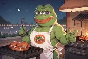score_9, score_8, score_7, score_8_up, pepe the frog, wearing apron, holding spatula, meat on the grill, outdoor, night, city, giving thumbs up, score_7_up