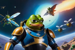 Pepe the frog wearing helldiver Armor, fighting against giant alien insects, background(alien planet), fantasy, Oil painting, heavy brush strokes, colourful, epic art, (masterpiece, highres, high quality:1.2), ambient occlusion, low saturation, High detailed, Detailedface, Dreamscape