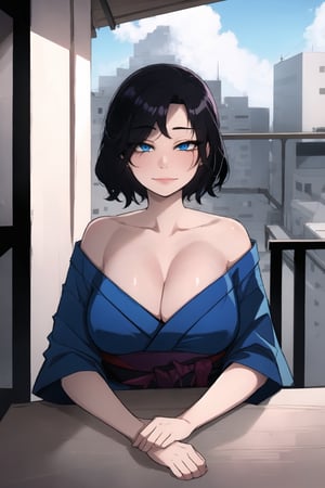 pov across table, looking at viewer, sitting, solo, cup of coffee, table, plate, depth of field, cake, head rest, woman\(slim body, 30 year old, black hair, blue eyes, eyelashes, large cleavage, wearing yukata dress, sandal, feminine, beautiful, mistress\), The scene should convey a seductive arrogant smile expression on her face, with an air of smugness as she maintains eye contact with the viewer, blurry background(luxurious arabian balcony, outdoor, sky, day, mecca, pillows),(masterpiece, highres, high quality:1.2), ambient occlusion, low saturation, High detailed, Detailedface,ratatatat74 style,Black,line,RATATATAT74