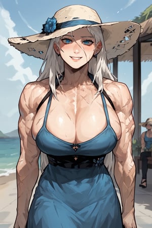 score_9, score_8, score_7, pov(male, human) walking hand in hand with wife(toned muscles, feminine, wearing summer blue dress and hat, big breasts, long hair, white hair, blue eyes, scars, shy, blushing, smile), staring at you, lakeside