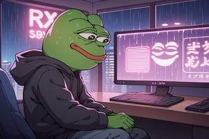 score_9, score_8, score_7, score_7_up, score_8_up, pepe the frog wearing black hoodie, sitting on a chair, computer, upper body, interior bedroom, night, cyberpunk city view out of the window,neon light, purple neon lights, rain, rain outside, rain on the window,C7b3rp0nkStyle
