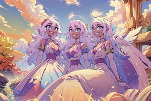 group of girls(emily, slim body, long white hair, blue eyes, eyelashes, jewelry, earrings, necklace, armlet, bracelet, ring, wearing dress, angel wings, large cleavage, headdress, bare shoulders, hoop earrings, bridal gauntlets, feminine, beautiful, cute, gentle smile), looking at viewer seductively, sexy pose, sitting, background(mosques,flower, outdoors, day, sky, tree, plant, birds, cloud, ocean, water, scenery), (masterpiece, highres, high quality:1.2), low saturation,High detailed,perfect,midjourney,pastelbg,pastel colors,multiple girls,ayaka_genshin
