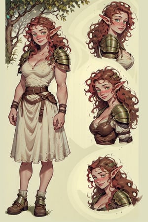 woman(nice cleavage, tall, mature, freckles, beautiful, green eyes, long red afro hair, leather armor, elf), multiple women,character sheet, character design, reference sheet, multiple views, turnaround, full body, from front, from side, from behind, diffrerent face expression(smile, think, smug), (masterpiece, highres, high quality:1.2), outstanding colors, low saturation, High detailed, Detailedface, Dreamscape