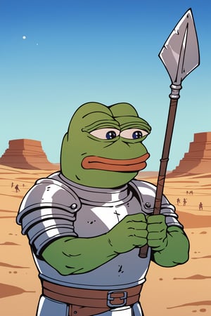 score_9, score_8, score_7, score_7_up, score_8_up, pepe the frog wearing Roman Armor, spear and shield in hands, mojave desert, apocalyptic, upper body, exterior, night