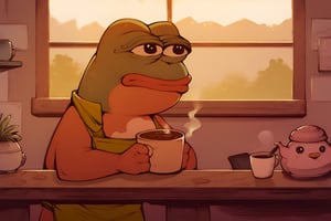 score_9, score_8, score_7, score_7_up, score_8_up, pepe the frog wearing apron, making coffee, indoors, café 