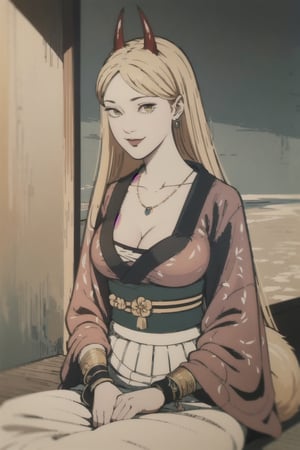 woman\(slim body, long blonde hair, yellow eye color, horns, jewelery, bridal gauntlets, rings, amulets, eyelashes, big breasts, large cleavage, wearing yukata, sandal, feminine, beautiful, mistress, holding a fox\) The scene should convey a seductive smile on her face, with an air of smugness as she maintains eye contact with the viewer, (faull body), sitting, background(rural area, animals, day, sky, sun),(masterpiece, highres, high quality:1.2), ambient occlusion, low saturation, High detailed, Detailedface, (shot from distance)