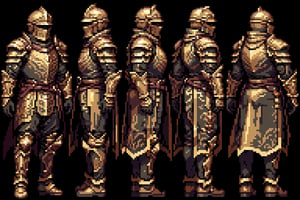 film noir, black background, full, 1boy(tall, wearing white steel armor(steel cuirass, steel helmet, steel paulrons, steel boots, steel gloves), young, muscular), character sheet, model sheet, turnaround, multiple views of the same character, (masterpiece, highres, high quality:1.2) ,low saturation,High detailed,Dreamscape, Pixel art,medieval armor