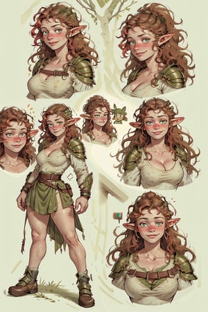 woman(nice cleavage, tall, mature, freckles, beautiful, green eyes, long red afro hair, leather armor, elf), multiple women,character sheet, character design, reference sheet, multiple views, turnaround, full body, from front, from side, from behind, diffrerent face expression(smile, think, smug), (masterpiece, highres, high quality:1.2), outstanding colors, low saturation, High detailed, Detailedface, Dreamscape