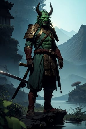 man(orc, 40yo, tusk-like teeth protruding from their lower jaw, green skin, wise, quiet, green eyes, wearing full orcish mongolian armor green color with oni mask helmet and cuirass, ornate, light steel plate design which is worn over cloth padding, umbra sword, on his belt, depressed, muscular, tall), (full body) standing, background(mountain, volcano, giant mushrooms, lake, night),(masterpiece, highres, high quality:1.2), ambient occlusion, low saturation, High detailed, Detailedface, morrowind, (shot from distance)