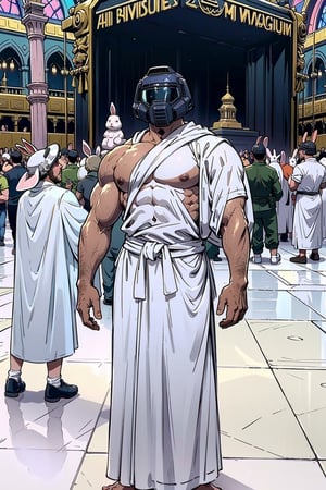 Doomguy(bodybuilder, tall, naked but wearing white robe Ihram and helmet) standing, (shot from distance), background(mecca, kaaba, bunnies, rabbits) (masterpiece, highres, high quality:1.2), ambient occlusion, outstanding colors, low saturation,High detailed, Detailedface, Dreamscape