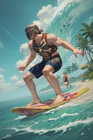 score_9, score_8, score_7, score_7_up, score_8_up, 1boy\(human, giant, tall, wearing madness Armor and helmet\), surfing, swimsuit, barefoot, surfboard, beach, mushroom tree, outdoor, night, romance, fantasy, 2d, anime, hetero