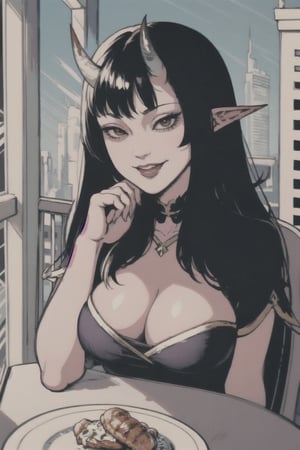 pov across table, looking at viewer, sitting, solo, cup of coffee, table, plate, fork, depth of field, food, spoon, head rest, woman\(slim body, young, Oni horns, demon elf ears, long black hair, red eyes, jewelery, bridal gauntlets, rings, amulets, eyelashes, large cleavage, wearing full harem dress, sandal, feminine, beautiful, mistress\), The scene should convey a seductive and smug smile expression on her face, with an air of arrogance as she maintains eye contact with the viewer, blurry background(luxurious arabian balcony, outdoor, sky, day, Dubai city, pillows),(masterpiece, highres, high quality:1.2), ambient occlusion, low saturation, High detailed, Detailedface, break CONCEPT_pov_dating_ownwaifu,www.ownwaifu.com
