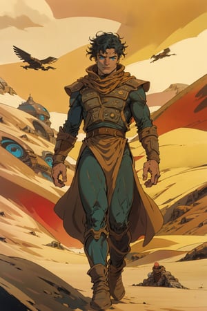 man\(young, handsome, quiet, blue eyes, long black hair, tan skin, handsome, wearing armor, muscular, tall\), (full body), walking, background(dune style world, dune city, day),(masterpiece, highres, high quality:1.2), ambient occlusion, low saturation, High detailed, Detailedface, comic page different views, berserk style, 80's dark fantasy 