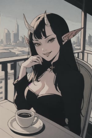 pov across table, looking at viewer, sitting, solo, cup of coffee, table, plate, fork, depth of field, food, spoon, head rest, woman\(slim body, young, Oni horns, demon elf ears, long black hair, red eyes, jewelery, bridal gauntlets, rings, amulets, eyelashes, large cleavage, wearing full harem dress, sandal, feminine, beautiful, mistress\), The scene should convey a seductive and smug smile expression on her face, with an air of arrogance as she maintains eye contact with the viewer, blurry background(luxurious arabian balcony, outdoor, sky, day, Dubai city, pillows),(masterpiece, highres, high quality:1.2), ambient occlusion, low saturation, High detailed, Detailedface, break CONCEPT_pov_dating_ownwaifu,www.ownwaifu.com