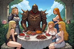 score_9, score_8, score_7, score_7_up, score_8_up, 1boy\(human, giant male, tall male, wearing full madness Armor and helmet\) with 4girls\(big breasts, Yang Xiao Long, Lumine, Power(chainsaw-man) and Luxanna Crownguard, wearing dress, thick body, happy expression on their face, pouty lips, seductive, pregnant\), all sitting, both staring at each other, (cooked meat and wine on the table), garden exterior, day, multiple girls, side view, (4girls), harem