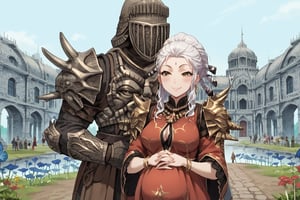 score_9, score_8, score_7, score_7_up, score_8_up, 1boy\(human, giant male, tall male, wearing full madness Armor and helmet, armored\) holding his wife 1girl\(Salem_RWBY, pregnant belly, big breasts, slim body, wearing dress, jewellery, gold, hugging, pouty lips, seductive, smug smile, blushing\), forest, castle, mushrooms, outdoor, romance, fantasy, 2d, anime, hetero,score_anime,anime screencap