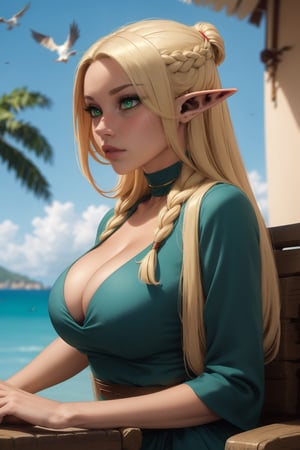 Marcile(slim body, long blonde hair, elf, green eyes, eyelashes, large cleavage, wearing nice dress, sandal, feminine, beautiful), sitting, Staring at you, background(outdoor cafe, day, sun, ocean, birds), (Shot from distance),(masterpiece, highres, high quality:1.2), ambient occlusion, low saturation, High detailed, Detailedface, Dreamscape,perfect