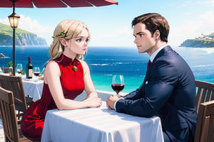 Henry Cavill wearing business suit with Frieren(elf) wearing nice dress, sitting, steak and wine on the table, fantasy, (Shot from distance),background(ocean, outdoor restaurant)(masterpiece, highres, high quality:1.2), ambient occlusion, low saturation, High detailed, Detailedface, Dreamscape