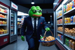 A highly detailed scene inside a dimly lit gas station late at night. Pepe the Frog, dressed in his wrinkled, slightly disheveled business suit, walks through the snack aisle, holding a small basket in one hand. Inside the basket, a bag of chips, a soda bottle, and a pre-packaged sandwich are neatly placed. Pepe’s eyes, though still showing signs of exhaustion, carry a small glimmer of warmth as a subtle smile curls at the corner of his mouth. It’s a fleeting expression, but one that suggests a moment of quiet satisfaction or simple comfort in this otherwise mundane errand.

The fluorescent lights overhead cast a bright glow, reflecting off the colorful packaging of snacks on the shelves. Despite the weariness in his posture, the slight smile on Pepe's face gives him a gentler presence, as though this small, solitary snack run has brought a brief sense of relief. The gas station is almost empty, with the faint hum of refrigerators and distant clinking of the gas pump outside being the only sounds. Pepe's slight smile contrasts with the quiet, lonely setting of the night, creating a subtle but heartwarming moment as he navigates the aisles, finding small contentment in the simplicity of the moment.