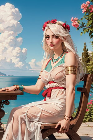 Vaggie(slim body, long white hair, eyelashes, jewelry, earrings, necklace, armlet, bracelet, ring, wearing white roman dress, large cleavage, headdress, bare shoulders, hoop earrings, bridal gauntlets, feminine, beautiful, sandels), looking at viewer seductively, sitting on decorated chair, background(flower, outdoors, day, short hair, sky, tree, plant, cloud, ocean, water, potted plant, vase, scenery), (masterpiece, highres, high quality:1.2), low saturation,High detailed,perfect,(vaggie)