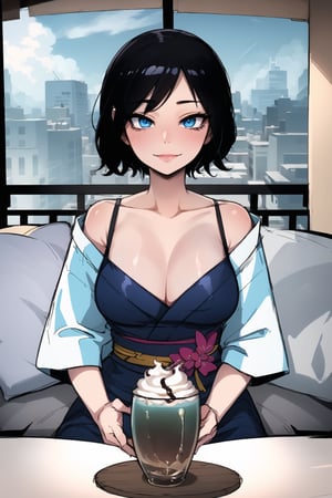 pov across table, looking at viewer, sitting, solo, cup of coffee, table, plate, depth of field, cake, head rest, woman\(skinny body, 20 year old, black hair, blue eyes, eyelashes, cleavage, wearing yukata dress, feminine, beautiful, mistress\), The scene should convey a seductive arrogant smile expression on her face, with an air of smugness as she maintains eye contact with the viewer, blurry background(luxurious arabian balcony, outdoor, sky, day, mecca, pillows),(masterpiece, highres, high quality:1.2), ambient occlusion, low saturation, High detailed, Detailedface,ratatatat74 style