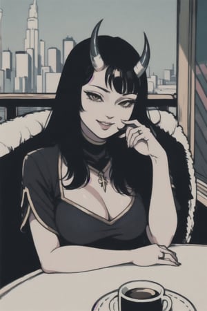 pov across table, looking at viewer, sitting, solo, cup of coffee, table, plate, fork, depth of field, food, spoon, head rest, woman\(slim body, young, Oni horns, demon elf ears, long black hair, red eyes, jewelery, bridal gauntlets, rings, amulets, eyelashes, large cleavage, wearing full harem dress, sandal, feminine, beautiful, mistress\), The scene should convey a seductive and smug smile expression on her face, with an air of arrogance as she maintains eye contact with the viewer, blurry background(luxurious arabian balcony, outdoor, sky, day, Dubai city, pillows),(masterpiece, highres, high quality:1.2), ambient occlusion, low saturation, High detailed, Detailedface, break CONCEPT_pov_dating_ownwaifu,www.ownwaifu.com