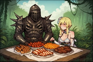score_9, score_8, score_7, score_8_up, 1boy\(human, dark skin, giant, tall, wearing full madness Armor and helmet\) with 1girl\(medium breasts, Lumine wearing white dress, blushing pouty lips, seductive\), both sitting and eating. (cooked meat, parmesan and wine on the table), jungle, both staring at each other, score_7_up