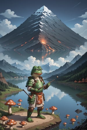 score_9, score_8, score_7, score_7_up, score_8_up, pepe the frog(wise, frog feet, quiet, wearing samurai armor with helmet and cuirass, ornate, light steel plate design which is worn over cloth padding), (full body) standing, background(mountain, volcano, giant mushrooms, lake, night), (solo), (masterpiece, highres, high quality:1.2), ambient occlusion, low saturation, High detailed, anime