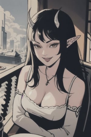 pov across table, looking at viewer, sitting, solo, cup of coffee, table, plate, fork, depth of field, food, spoon, head rest, woman\(slim body, young, Oni horns, demon elf ears, long black hair, red eyes, jewelery, bridal gauntlets, rings, amulets, eyelashes, large cleavage, wearing full harem dress, sandal, feminine, beautiful, mistress\), The scene should convey a seductive and smug smile expression on her face, with an air of arrogance as she maintains eye contact with the viewer, blurry background(luxurious arabian balcony, outdoor, sky, day, Dubai city, pillows),(masterpiece, highres, high quality:1.2), ambient occlusion, low saturation, High detailed, Detailedface, break CONCEPT_pov_dating_ownwaifu,www.ownwaifu.com