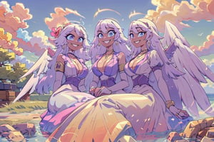 group of girls(emily, slim body, long white hair, blue eyes, eyelashes, jewelry, earrings, necklace, armlet, bracelet, ring, wearing dress, angel wings, large cleavage, headdress, bare shoulders, hoop earrings, bridal gauntlets, feminine, beautiful, cute, gentle smile), looking at viewer seductively, sexy pose, sitting, background(mosques,flower, outdoors, day, sky, tree, plant, birds, cloud, ocean, water, scenery), (masterpiece, highres, high quality:1.2), low saturation,High detailed,perfect,midjourney,pastelbg,pastel colors,multiple girls,ayaka_genshin