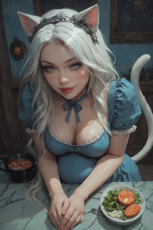 score_9, score_8, score_7, score_8_up, (best quality:1.1), (detailed), (detailed face), (highres, best quality:1.2), pov(male human) staring at woman\(cat girl, cat ears, white tail, cat tail, white tail, pregnant, long hair, white hair, blue eyes, wearing blue maid dress, dressed, medium breasts, skinny body, wide hips, cute look on her face, smug smile, grin, blushing\) preparing dinner, cooking meat on the pot, salad, staring at you seductively, indoor, luxurious Futuristic kitchen, romance, fantasy,
