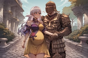 score_9, score_8, score_7, score_7_up, score_8_up, 1boy\(human, giant male, tall male, wearing madness Armor and (madness helmet)\) walking and holding hand of 1girl\(robin \(honkai: star rail\), short, smiling, pregnant, jewellery, gold, wearing dress, pouty lips, seductive, blushing\), both staring at each other, day, city, multiple magical butterflies, outdoor, mushroom trees, romance, fantasy, hetero, anime, 2d