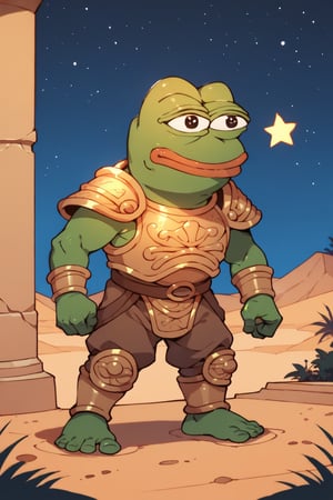 score_9, score_8, score_7, score_8_up, pepe the frog, wearing Arabian Armor, outdoor, night, desert, starring at the stars, score_7_up